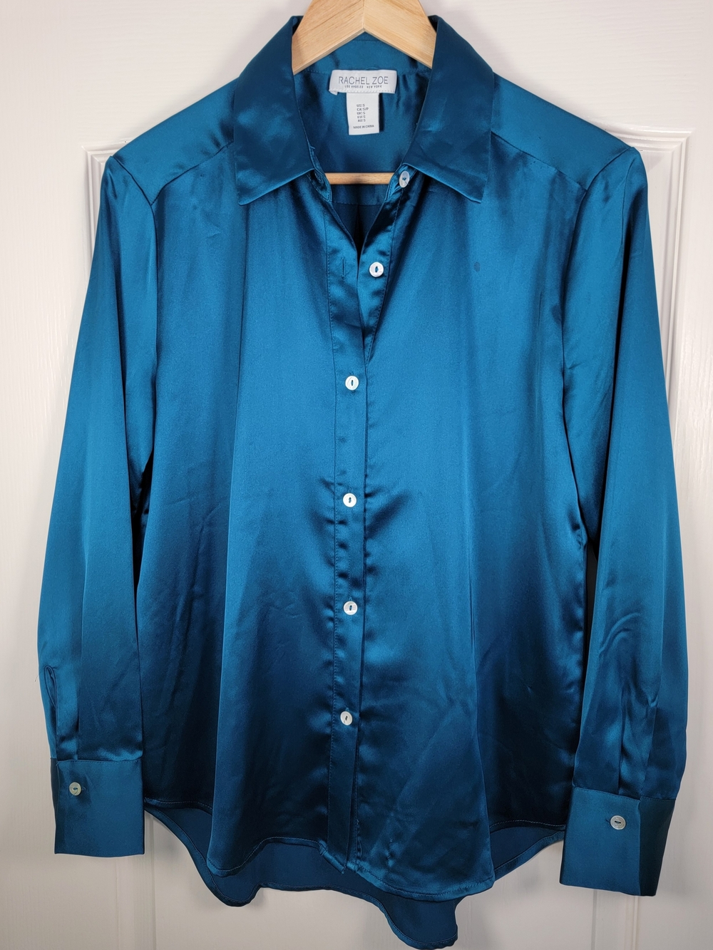 Rachel Zoe Women's Aqua Satin Button-Up Long Sleeve Blouse Small